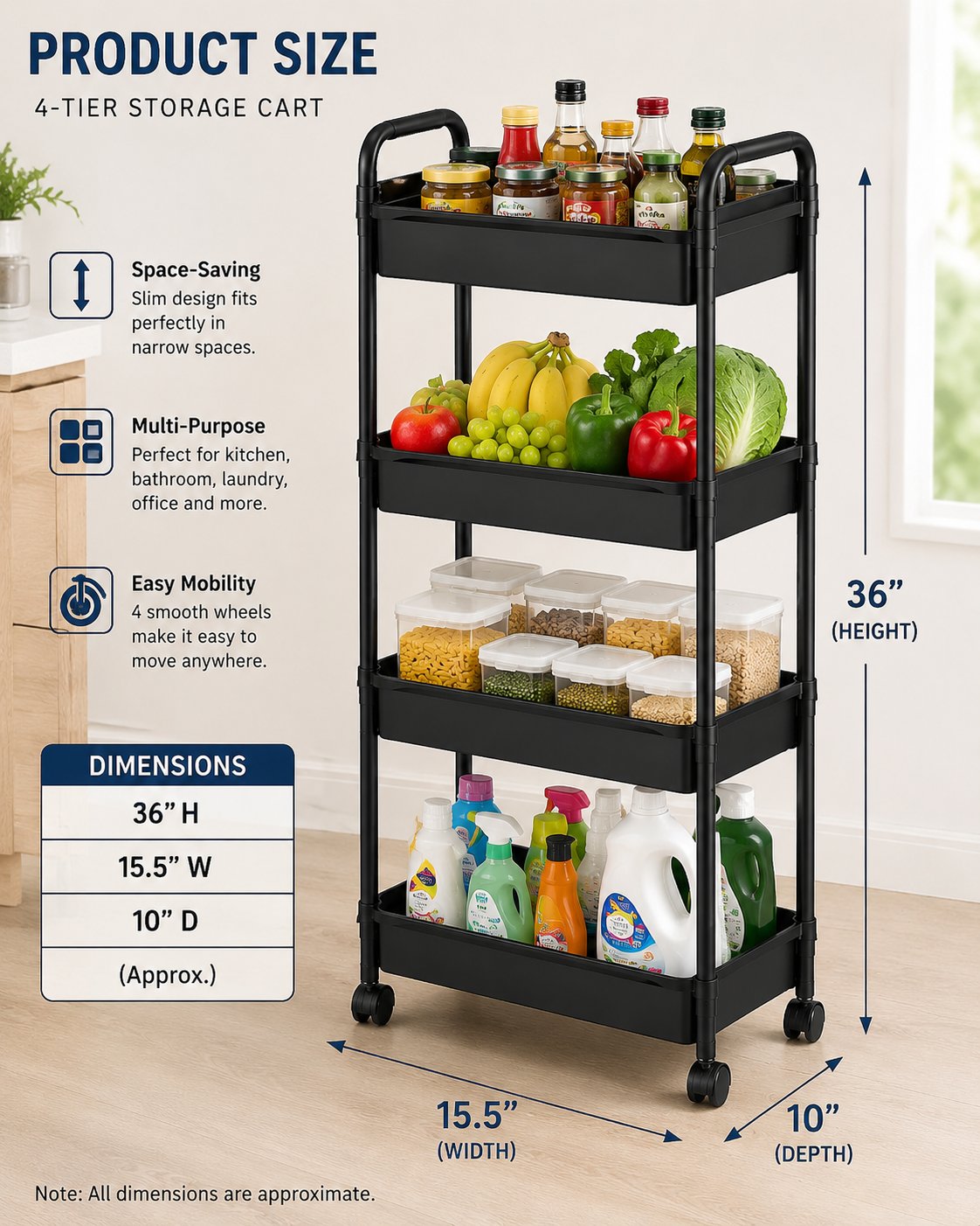 4- Tier Slim Rolling Storage Cart - Image 2